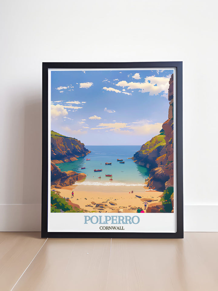 Polperro Beach framed prints offering a sophisticated and timeless appeal perfect for creating a serene and inviting atmosphere in your home