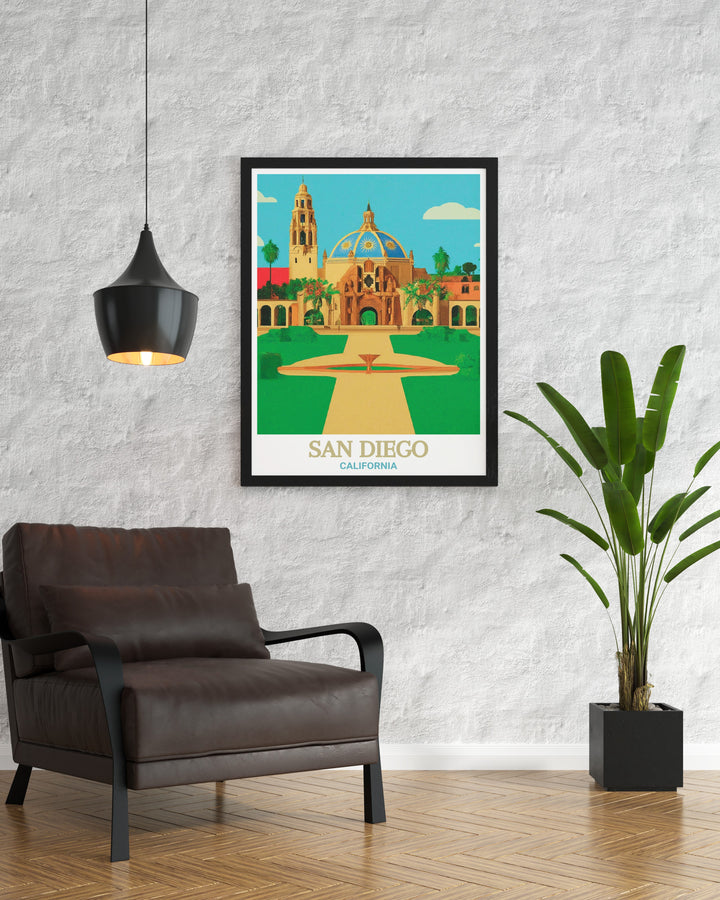 Detailed travel poster of San Diego and Balboa Park, perfect for anyone who appreciates the charm and history of Californias coastal cities. This print adds a touch of Golden State allure to any decor.