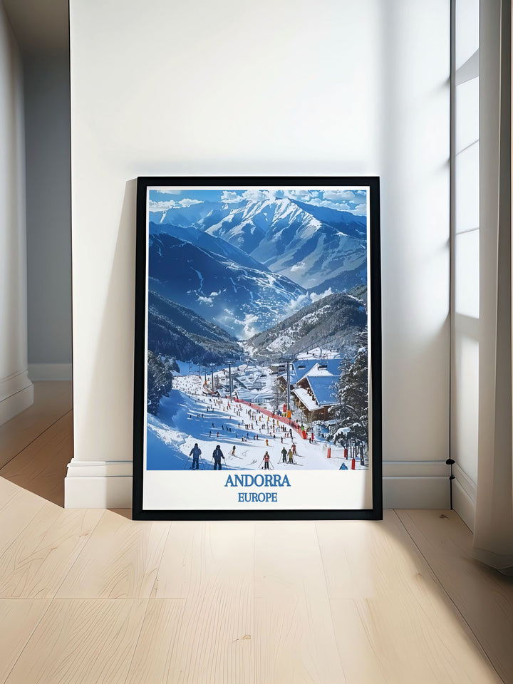 Modern wall decor of Andorra, showcasing the sleek designs and panoramic views of the Pyrenees Mountains, perfect for contemporary homes.
