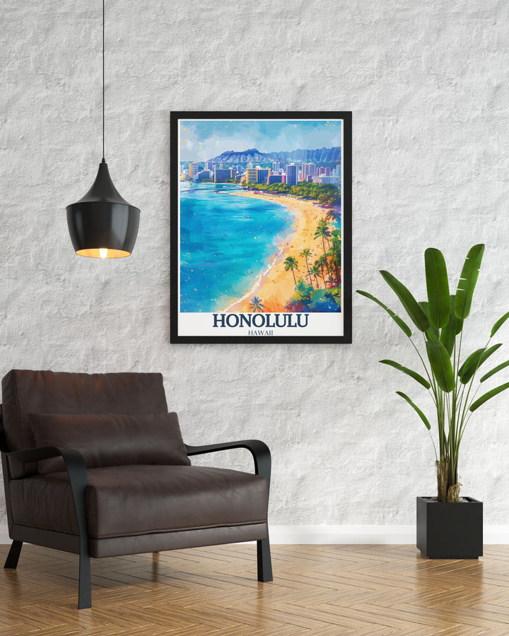 Bring the essence of Hawaii into your space with this Honolulu travel poster. It highlights Waikiki Beach, Diamond Head, and Aloha Tower, creating a vibrant composition that captures the heart of the islands natural and historical beauty.