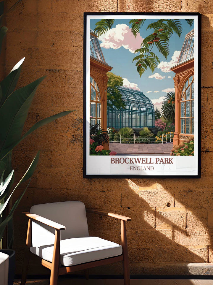 Early morning mist over Brockwell Park with a serene view of the greenhouses, ideal for sophisticated wall art