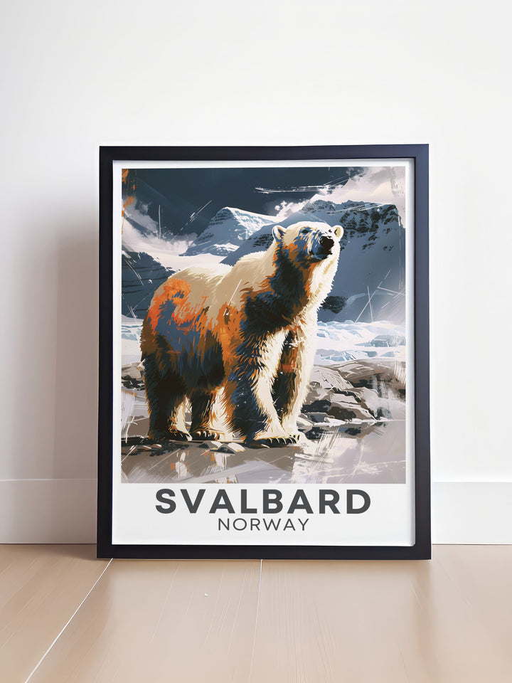 Unique Svalbard city map with Polar Bears illustration. Perfect for vintage poster enthusiasts, this artwork adds a touch of elegance to any space and is a great personalized gift option.