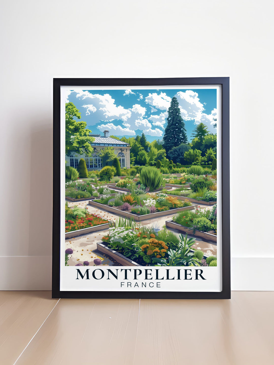 Exquisite France Poster featuring the lush Jardis des Plantes de Montpeiller a must have for any France travel print collection