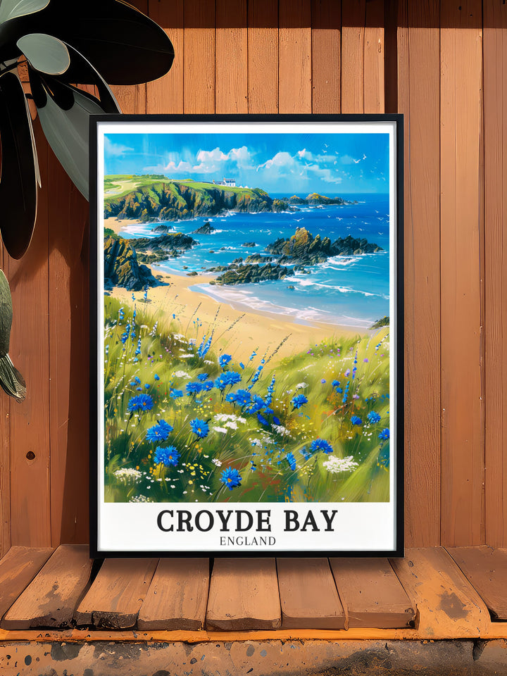 Celebrate the stunning scenery of Baggy Point with this Croyde Bay travel poster. The print showcases the rugged beauty of North Devons cliffs and the peaceful ambiance of the North Devon AONB, making it a perfect piece for anyone who loves nature.