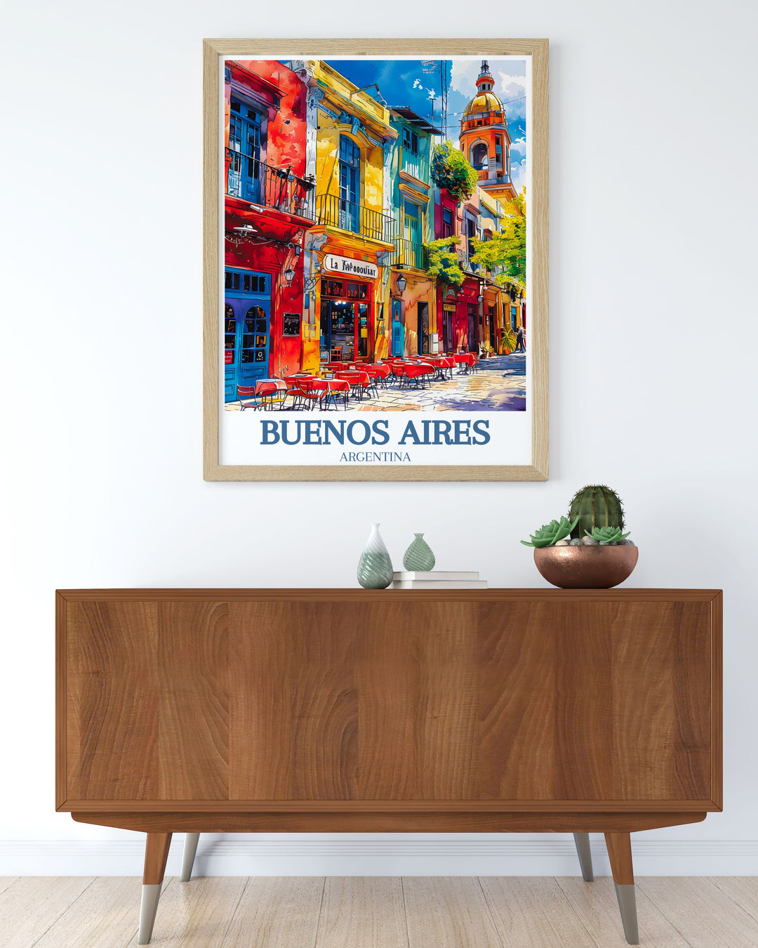 The captivating blend of nature in Buenos Aires and the historic streets of Caminito is beautifully illustrated in this poster, making it a stunning addition to any wall art collection celebrating Argentina.
