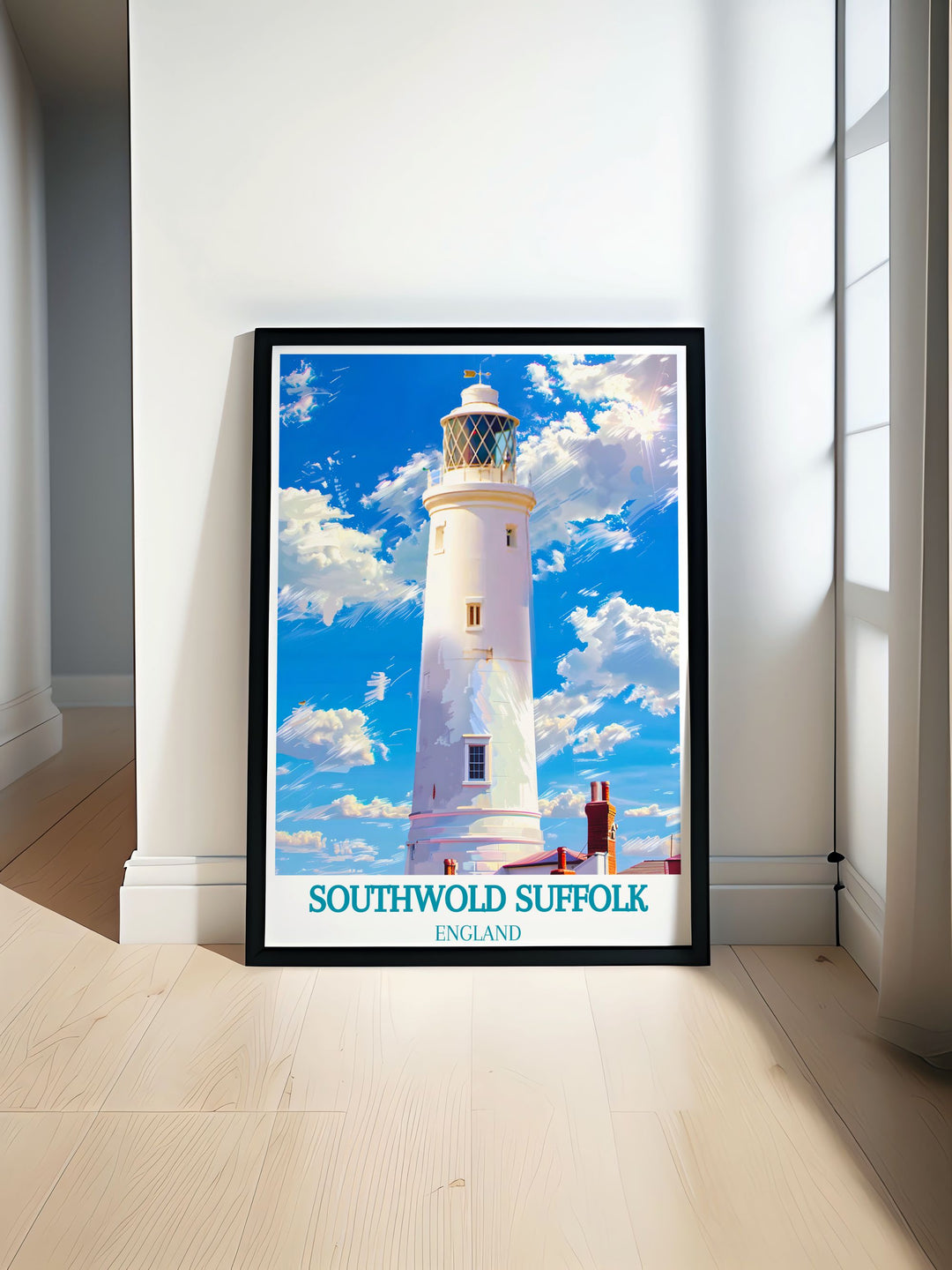Celebrate the stunning scenery of Southwold with this detailed art print, showcasing the lighthouse and the serene coastal landscape.