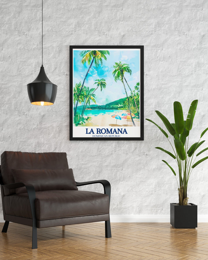 Beautiful canvas art of La Romanas Bayahibe Beach and the surrounding national park in the Dominican Republic. This travel print brings the natural beauty and vibrant colors of the Caribbean to life, perfect for coastal home decor.