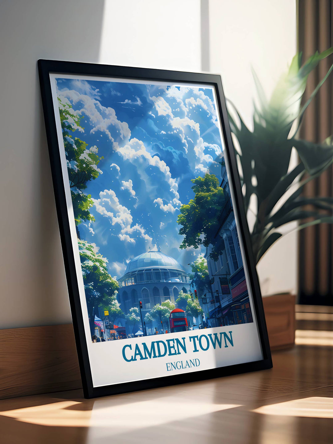 Vintage travel print of The Roundhouse in Camden Town London highlighting the historic charm and cultural significance of this legendary music venue an essential piece for any travel or music enthusiast.