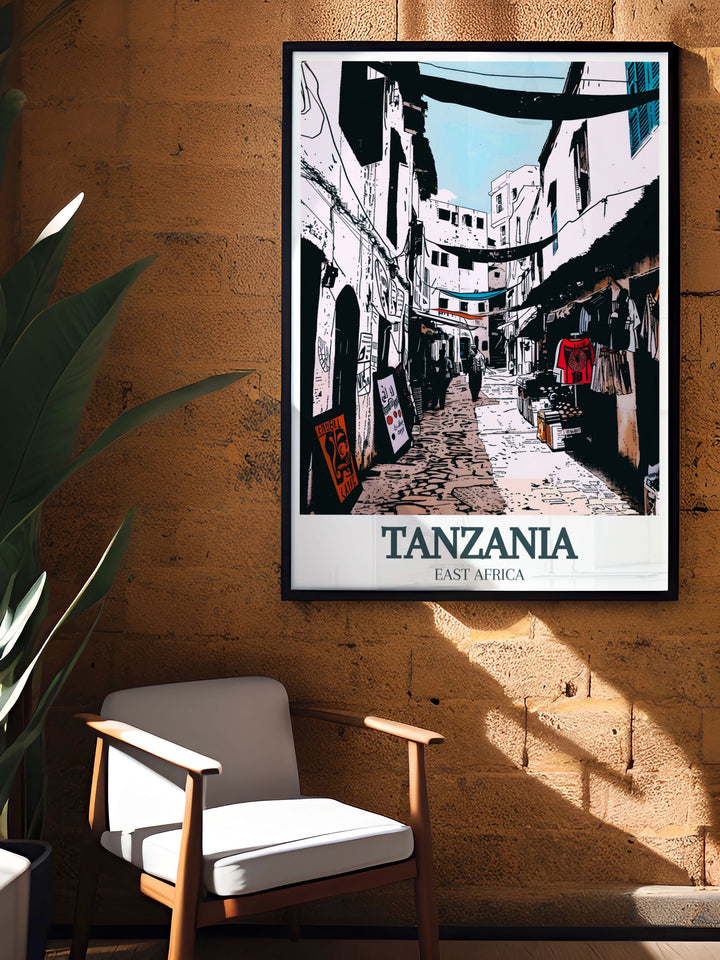 Serengeti Wall Art and Unguja Stone Town Modern Decor offering a stunning combination of Tanzanias wildlife and historic architecture creating a perfect addition to any home that seeks to celebrate the beauty of African landscapes and culture.