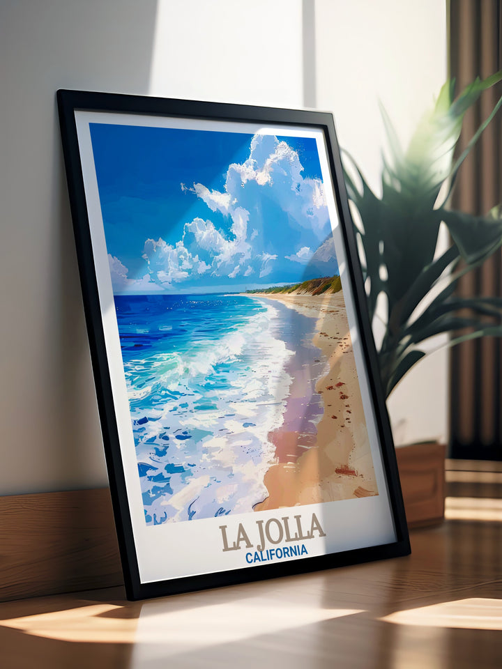 La Jolla Cove and La Jolla Shores Beach come to life in this beautifully detailed travel poster. Perfect for coastal decor, this artwork brings the vibrant charm of Californias beaches into your home, offering a calming and relaxing piece of wall art for beach lovers.