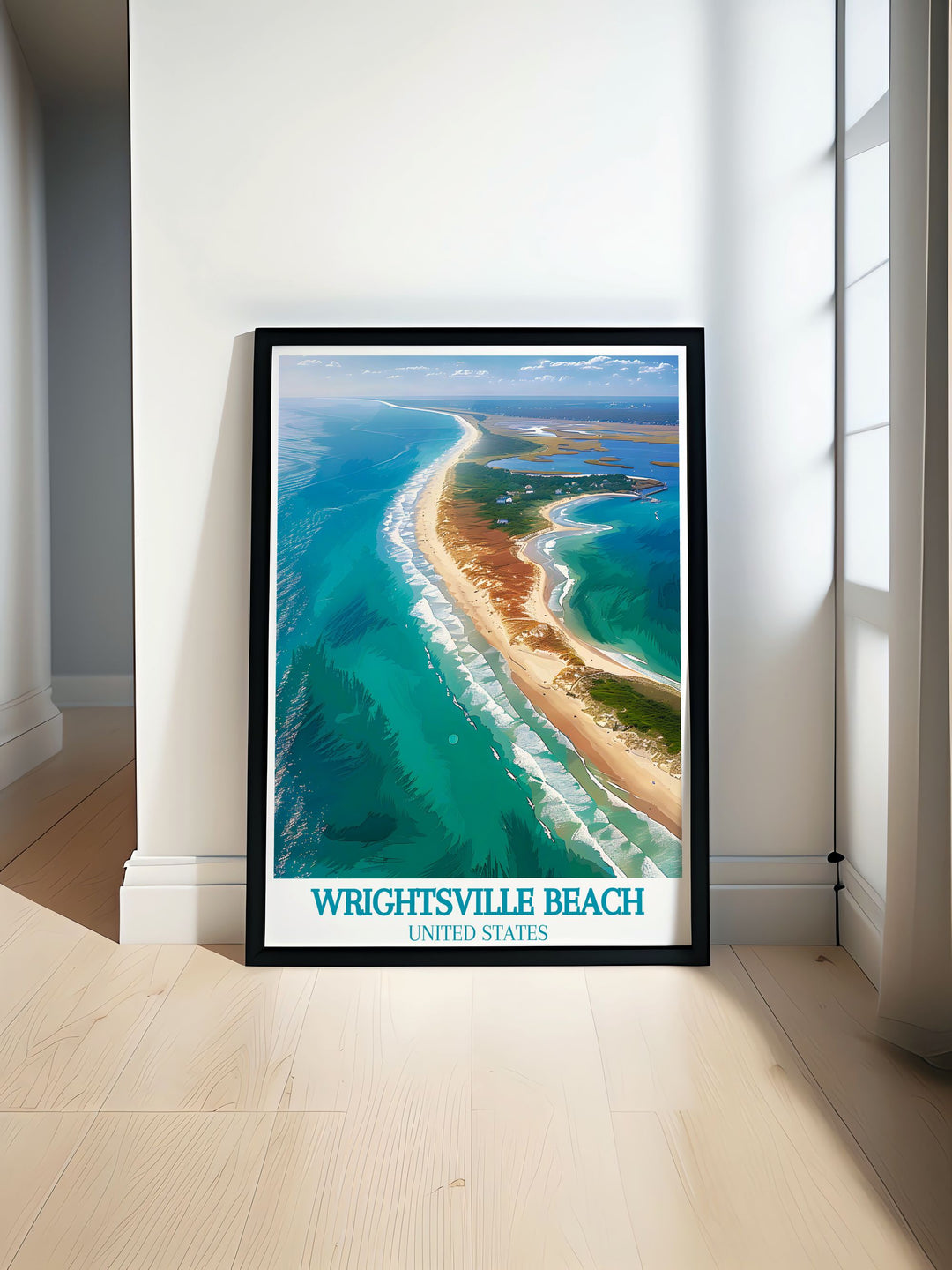 Wrightsville Beach Travel Print featuring Masonboro Island brings the serene beauty of North Carolinas coast into your home. This vintage poster with a minimalist design and soothing colors is perfect for creating an elegant coastal atmosphere in any room.