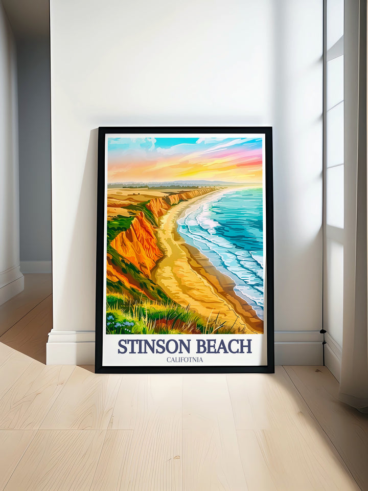 This travel print of Marin Countys coastline, including Stinson Beach and the Pacific Ocean, showcases the unique beauty of Californias shores. With its calming colors and detailed design, this artwork is perfect for adding a coastal touch to any home or office.