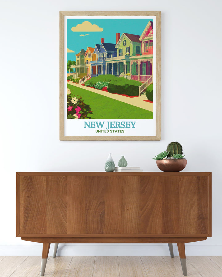 Cape May travel print featuring the picturesque beaches and Victorian architecture of New Jersey. Ideal for home decor and gifts. This artwork beautifully depicts the blend of natural beauty and rich history, making it a great addition to any space.