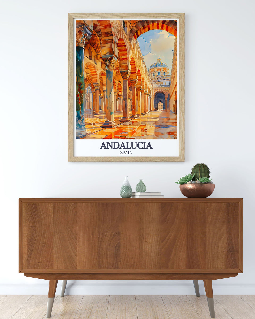 The grandeur of the Mezquita Catedral and the Torre del Alminar is depicted in this travel poster, showcasing Andalucias rich cultural heritage and architectural marvels.