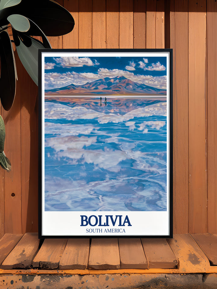 Travel poster print of Bolivia highlighting the serene beauty of the Uyuni Salt Flats with the majestic Cordillera Real mountain range ideal for lovers of natural landscapes