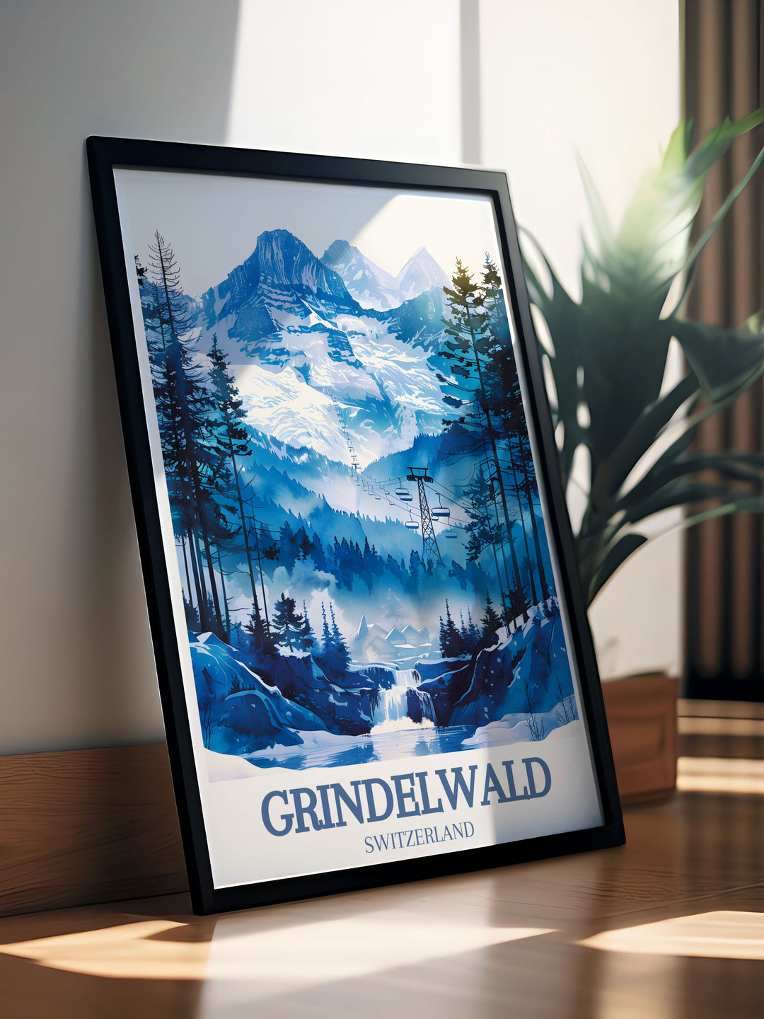 This travel poster of Grindelwald depicts the serene beauty of the Swiss Alps, with detailed illustrations of the village and surrounding landscapes, perfect for enhancing your home decor.