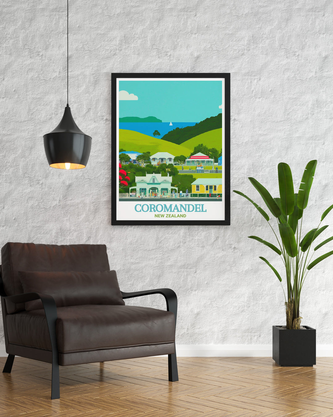 Vintage style poster of Coromandel Town, providing a nostalgic and artistic depiction of this historic New Zealand town, perfect for adding a timeless touch to any decor with its blend of history and nature.