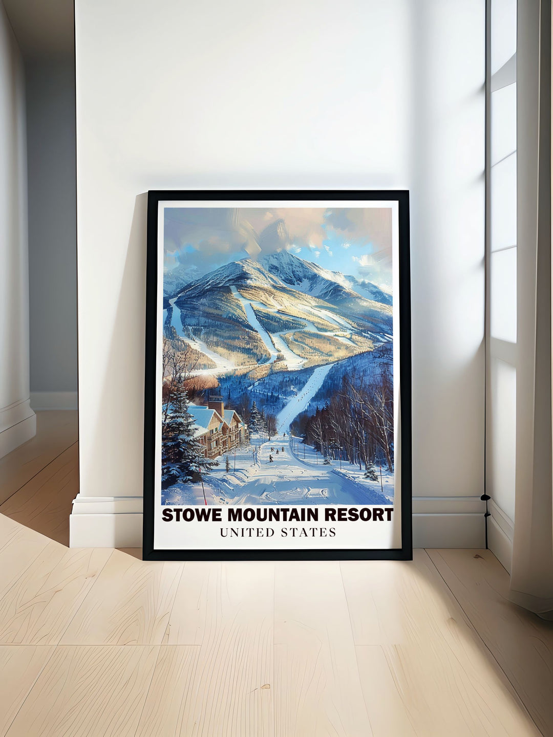 Stunning art print of Mount Mansfield and Stowe Ski Resort featuring vibrant colors and intricate details perfect for adding a touch of elegance to your living room decor with Skii trails modern art