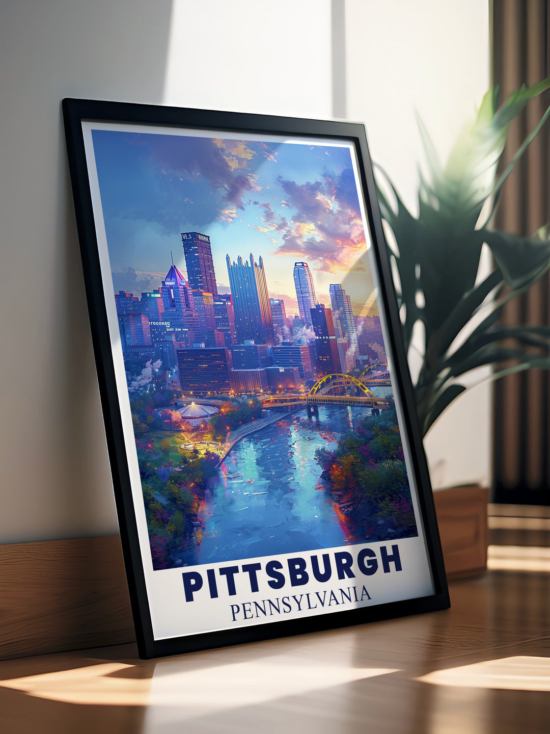 Pittsburgh poster showcasing the citys unique blend of modern and historical architecture. The artwork highlights Pittsburghs diverse skyline, from its contemporary skyscrapers to the historic neighborhoods, ideal for any art lover or traveler.