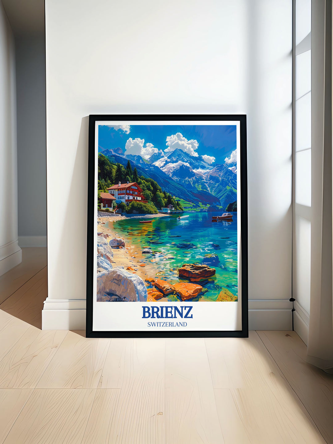 Interlaken print and Lauterbrunnen print showcasing the beauty of Lake Brienz, Brienzer Rothorn. Perfect for adding a touch of Swiss Alps elegance to your home decor. Ideal for travel enthusiasts and art lovers.