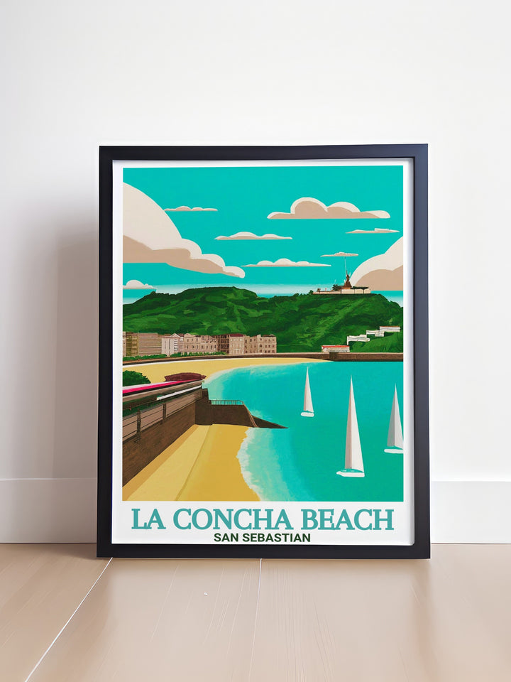 A stunning travel poster of La Concha Beach in San Sebastián, Spain, capturing the serene beauty of the beach and the gentle waves that roll onto its shores. This art print is ideal for beach lovers and travelers looking to bring a piece of Spains Basque coast into their home.