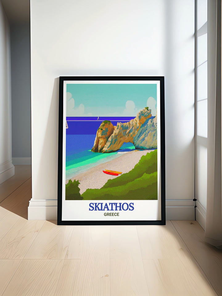 Lalaria Beach art print from Skiathos Island. This vibrant and detailed poster captures the tranquil beauty of one of Greeces top beaches. Perfect for anyone who loves travel, nature, and stunning coastal scenes.