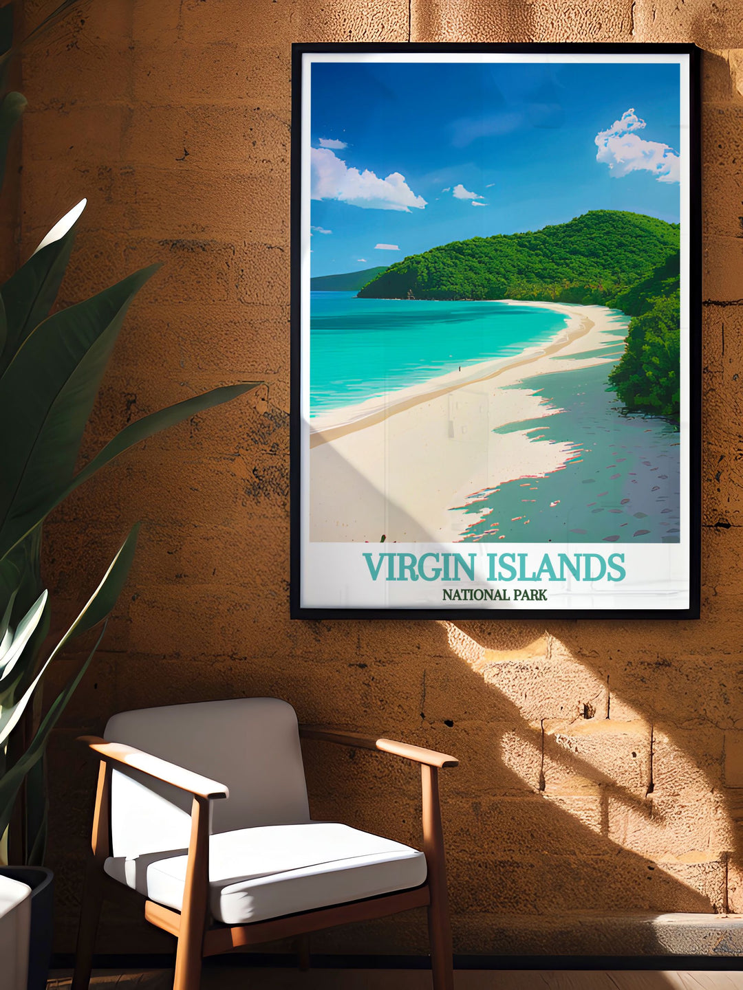 Stunning living room decor featuring a framed print of Cinnamon Bay with vibrant colors and detailed scenery