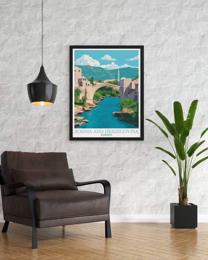 Bosnia and Herzegovina travel print showcases the iconic Stari Most, with its graceful arching form beautifully illustrated against a backdrop of lush greenery. This poster is ideal for those who wish to celebrate Europes historic landmarks in their home decor.