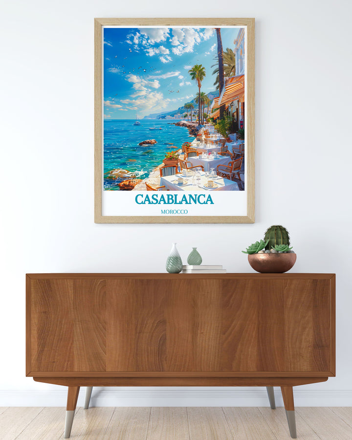 Highlighting the iconic presence of Corniche Ain Diab and the vibrant culture of Casablanca, this travel poster is perfect for those who appreciate the coastal and cultural richness of Morocco.