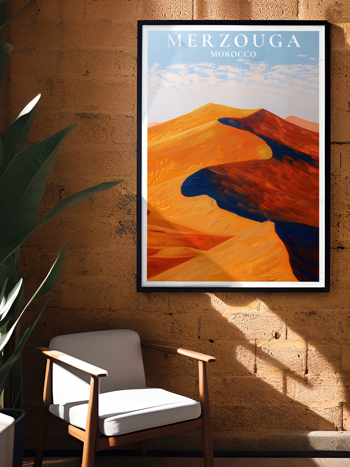 Enhance your home decor with the Merzouga Poster and Erg Chebbi Dunes Stunning Prints These pieces are ideal for lovers of travel and culture bringing the enchanting landscapes of Morocco into your space with vibrant colors and intricate details