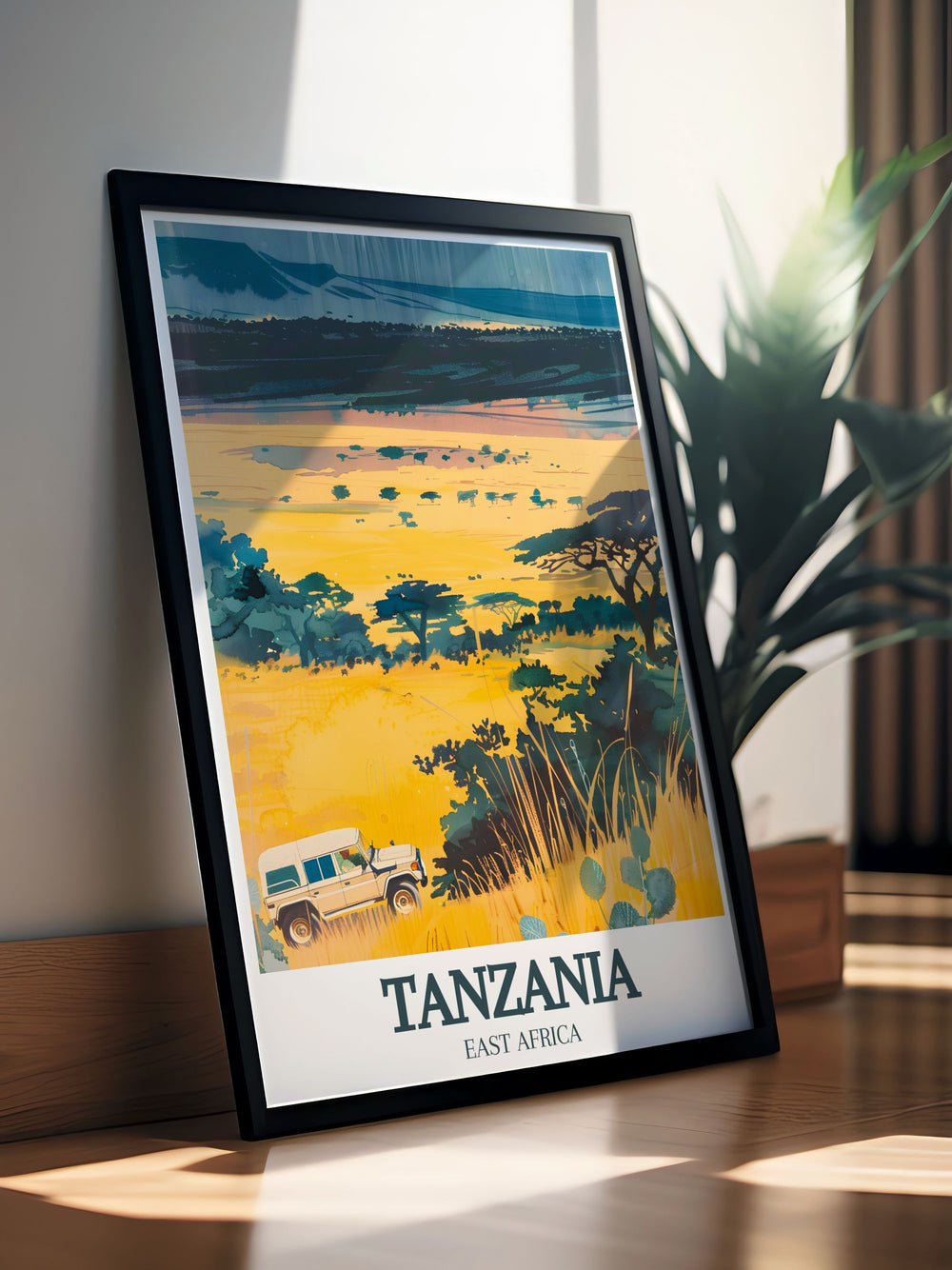 Serengeti Poster showcasing iconic African giraffes complemented by Ngorongoro Conservation area Ngorongoro Crater stunning prints bringing the magic of Africas national parks into your home with an elegant and modern design.
