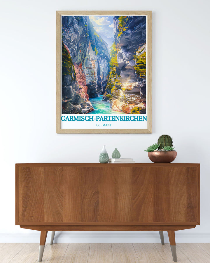 Home decor print illustrating the scenic beauty of Partnach Gorge, showcasing the clear blue waters and towering limestone walls of this natural wonder, ideal for bringing a touch of Bavarian serenity into any space.