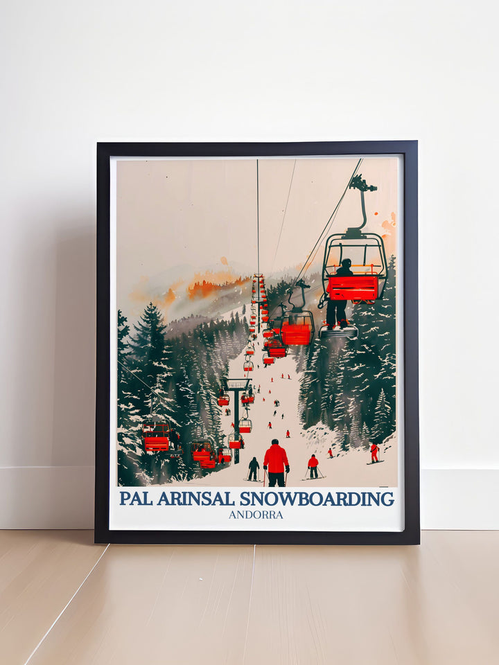 Ordino Arcalis Print showcasing the beauty of Andorras ski resorts and Vallnord ski area Port Vell perfect wall decor for those who love vintage ski posters and modern art blending elegance and adventure in stunning prints