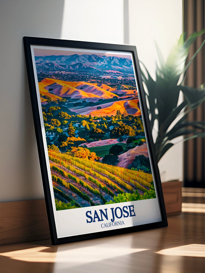 A detailed travel print highlighting San Joses rich landscape, from the urban charm of the city to the peaceful Almaden Valley and the majestic Santa Cruz Mountains. This poster is ideal for anyone looking to capture the beauty of California in their home décor.