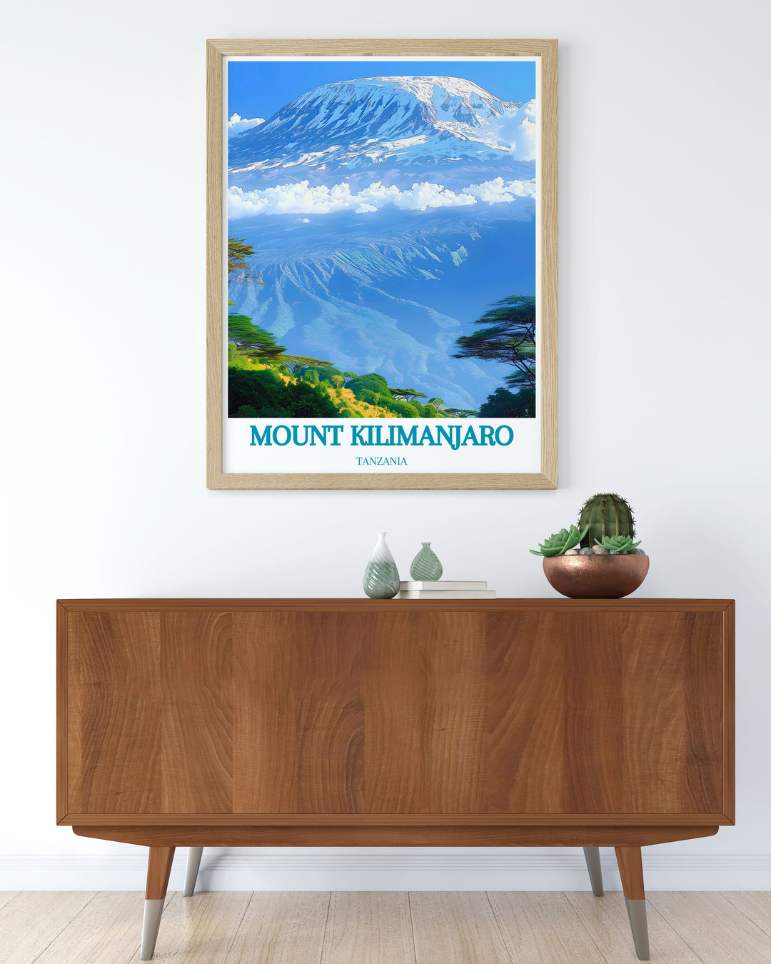 Tanzania art print highlighting Mount Kilimanjaros beauty in a vibrant and high quality format perfect for home decor and as a memorable travel themed gift.