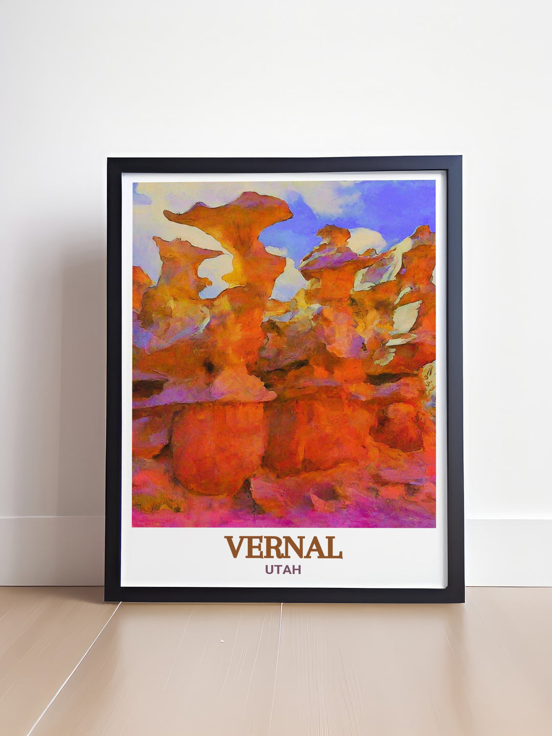 Utah Travel Poster showcasing the otherworldly beauty of Fantasy Canyon near Vernal, a hidden gem in the states geological landscape. Ideal for bringing a sense of adventure into your space.