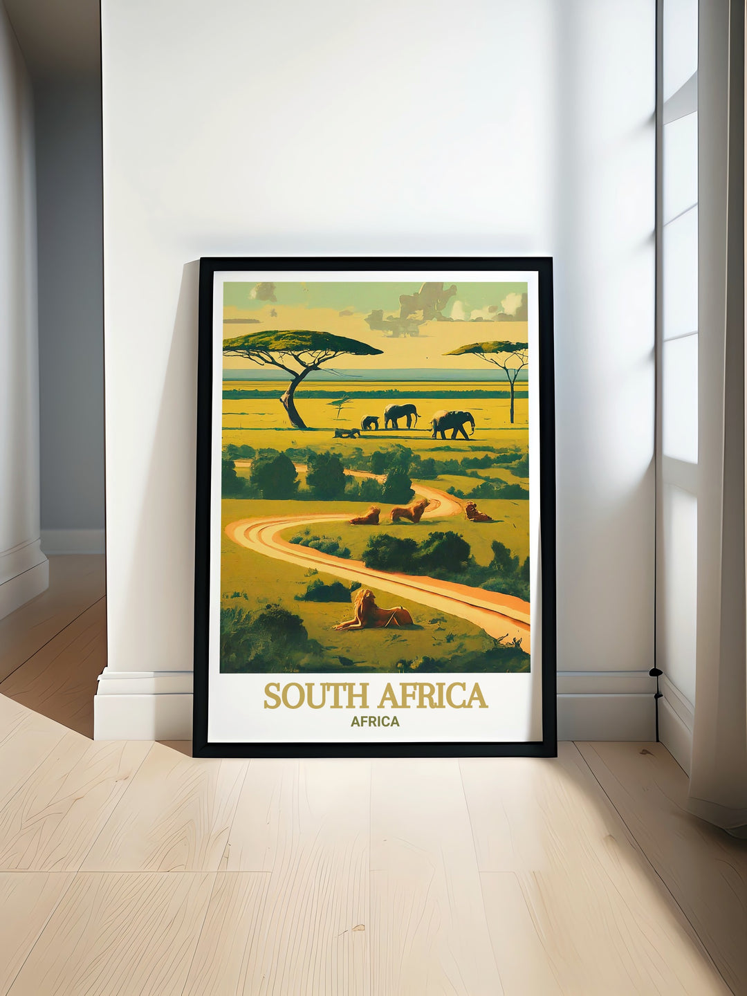 South Africa travel poster featuring the scenic landscapes of Kruger National Park, Table Mountain, and Lions Head. This print is a thoughtful gift for nature and adventure enthusiasts, capturing the essence of South Africas most iconic landmarks in vibrant detail.