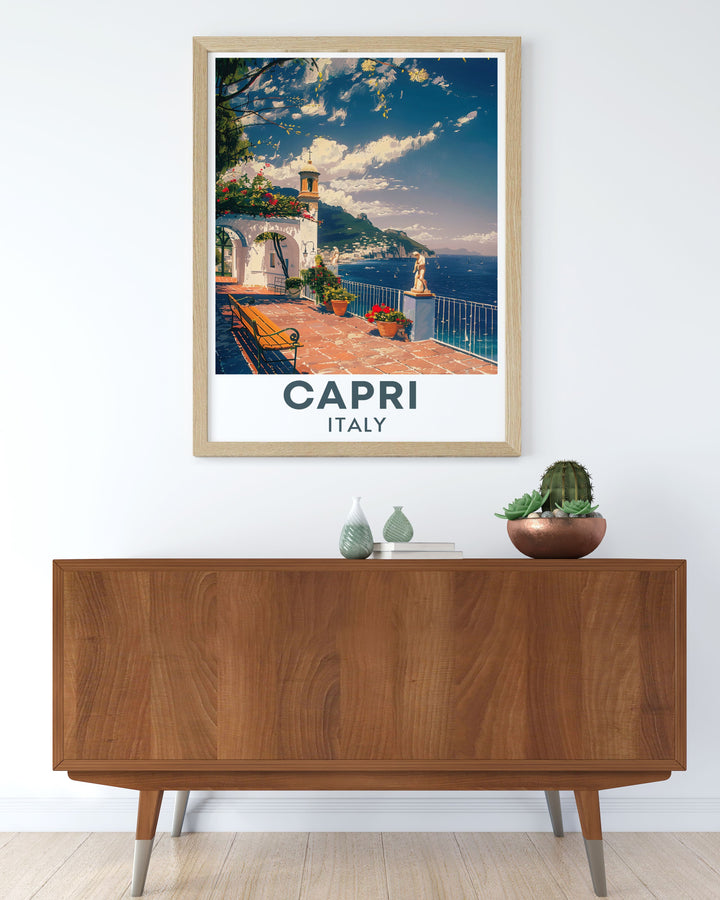 Experience the charm of Capri with this detailed travel poster, highlighting the islands dramatic cliffs and vibrant culture. Perfect for those who appreciate the blend of natural beauty and sophisticated elegance, this artwork adds a touch of Italy to your home decor.