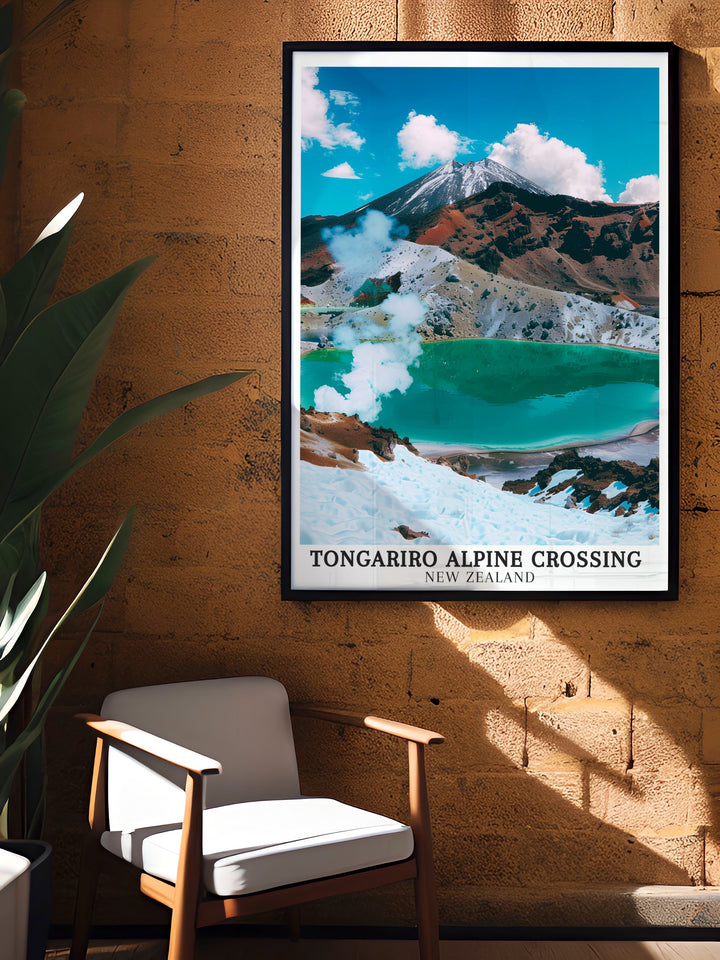 Tongariro Alpine Crossing vintage poster showcases the sweeping views and dramatic terrain of New Zealands most famous hike. This artwork is perfect for outdoor enthusiasts and adventurers, adding a touch of New Zealands rugged beauty to your decor.