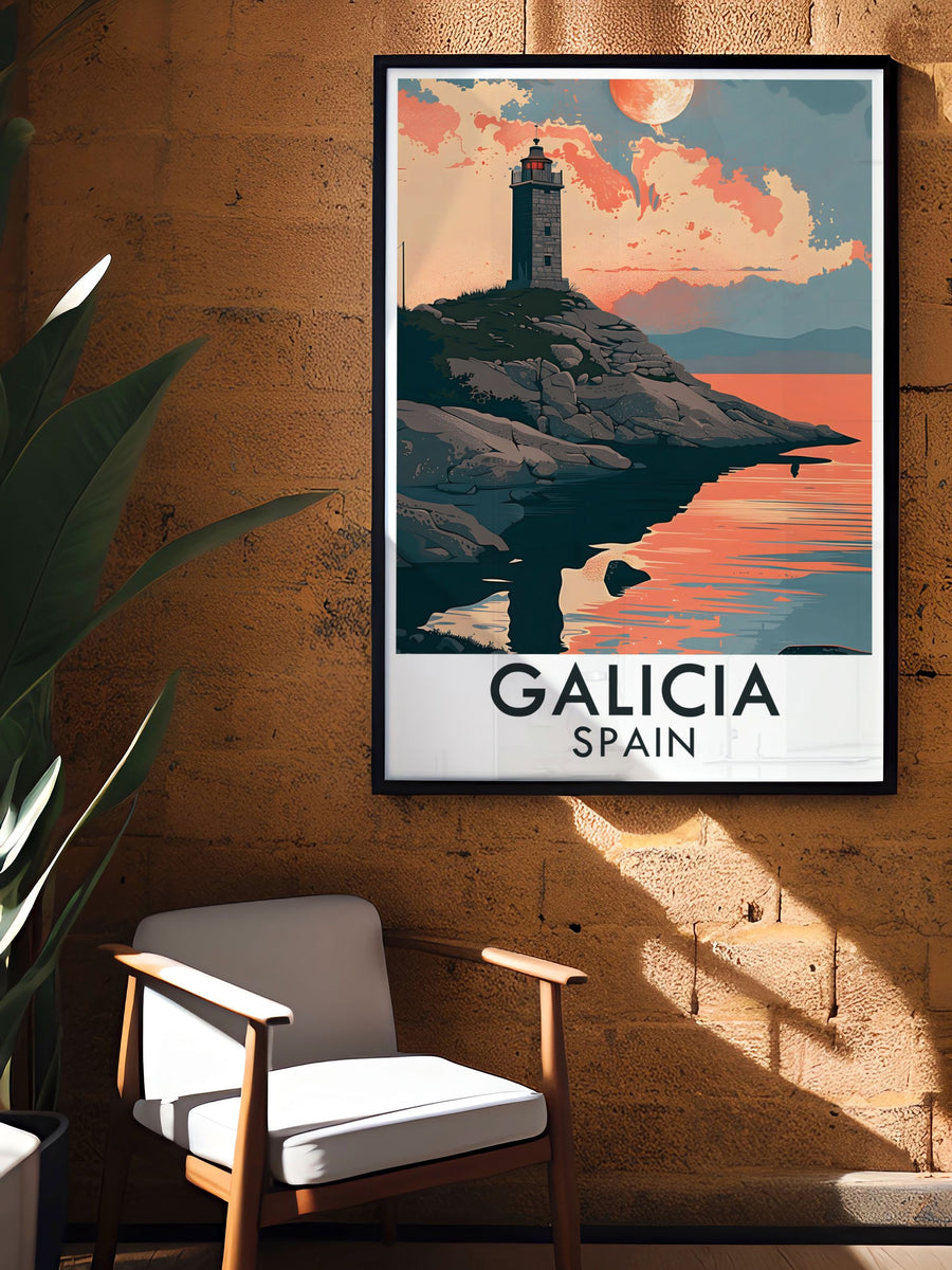 A picturesque illustration of the Tower of Hercules set against the backdrop of the Atlantic Ocean and rugged coastline.