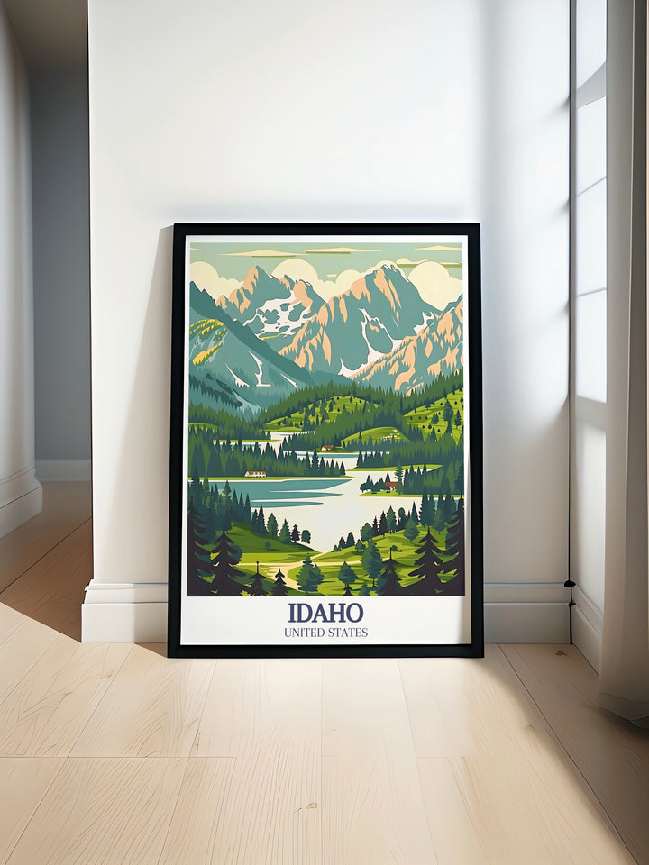 Celebrate Idahos natural beauty with this travel print featuring the soaring peaks of the Sawtooth National Recreation Area and the dramatic canyons of Hells Canyon. This framed art is perfect for any home or office, showcasing the states awe inspiring landscapes.