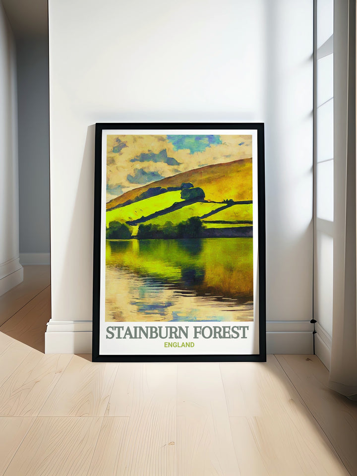 Beautiful Fewston Reservoir Mountain Biking art print featuring scenic views of Yorkshire MTB trails at Stainburn Forest perfect for decorating your home or office. Ideal for mountain biking enthusiasts and cycling wall art collectors who love adventure.