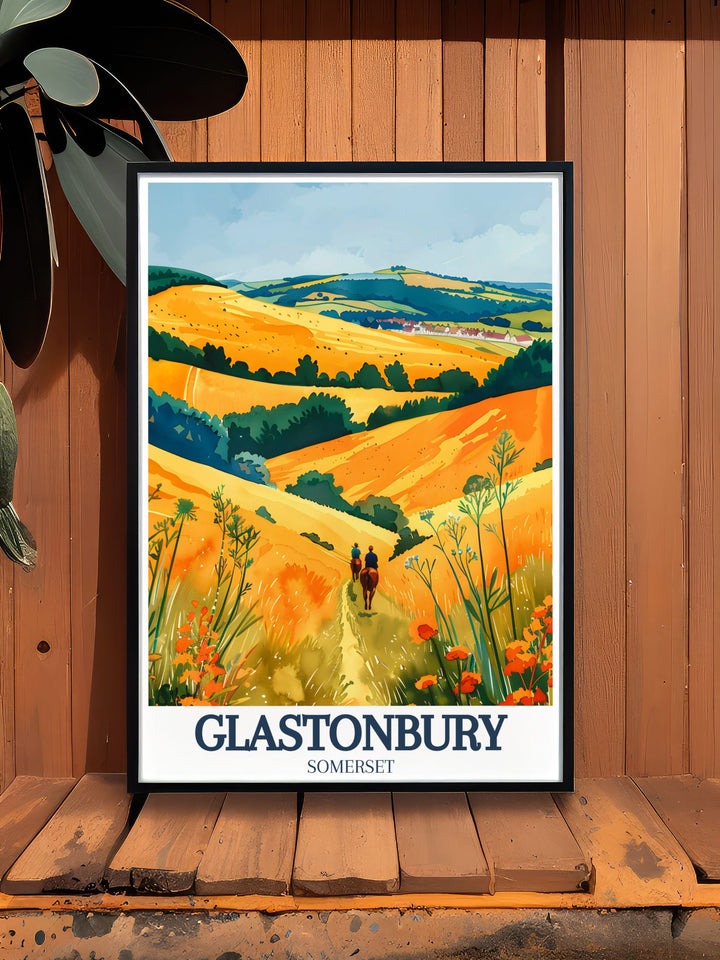 Intriguing Glastonbury Tor art featuring Somerset levels and Mendip hills ideal for lovers of UK wall prints and those seeking unique Glastonbury gifts this England wall art piece adds a touch of elegance to any home decor.