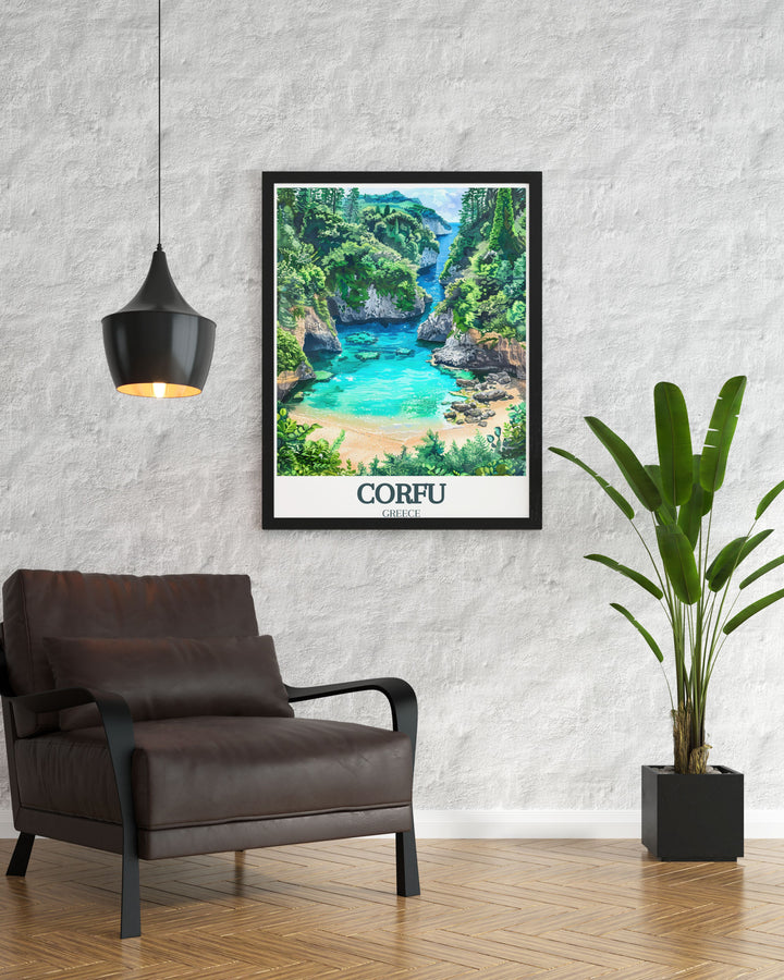 Paleokastritsa Beach Ionian Sea artwork highlighting the natural beauty and tranquil ambiance of Corfu Greece Island a perfect addition to any art collection or home decor that seeks to capture the essence of Corfu Greek art and the serenity of the Mediterranean