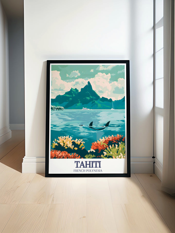 Tahiti travel poster print showcasing the stunning landscapes of Bora Bora and Moorea Perfect for home decor or gifting this artwork brings the natural beauty of French Polynesia into your living space A vibrant reminder of tropical paradise