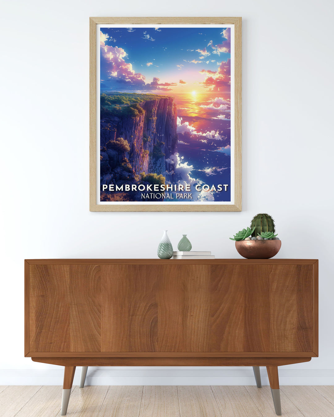 Pembrokeshire Coast poster capturing the dramatic cliffs of Wales with vibrant colors and vintage travel art style making it a perfect addition to your bucket list prints or as a captivating piece of home decor.