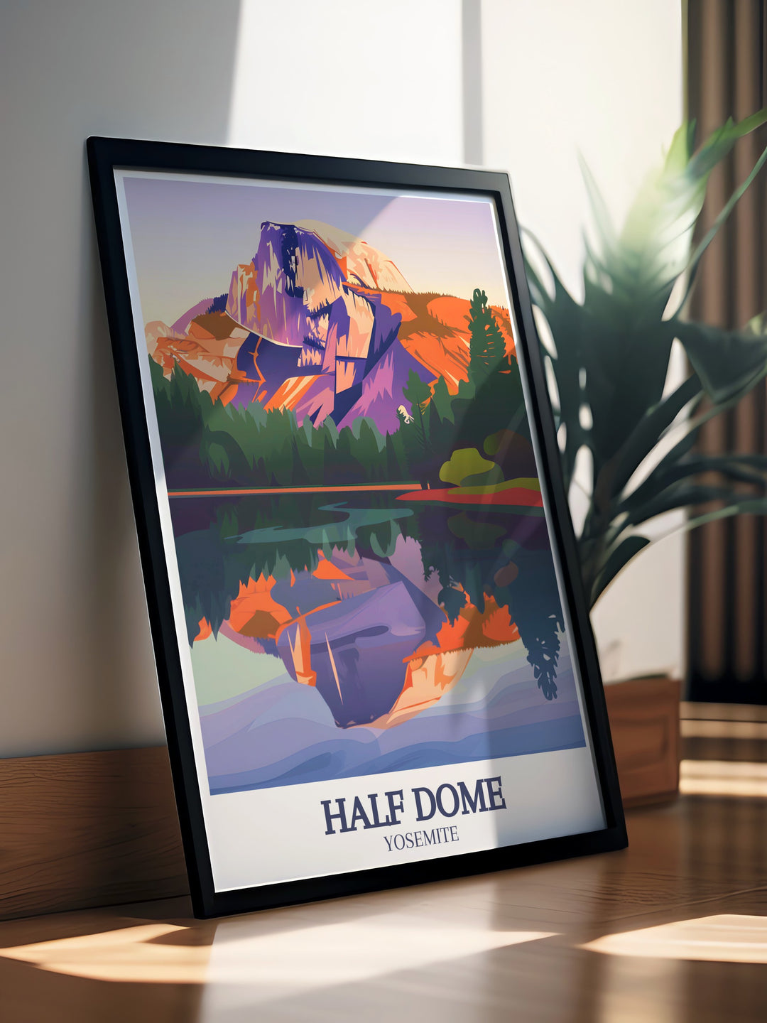 A beautiful art print of Yosemite National Park, featuring Half Dome and the tranquil Mirror Lake. Whether for your own wall or as a thoughtful gift, this poster brings the majestic beauty of Yosemite into any living space.