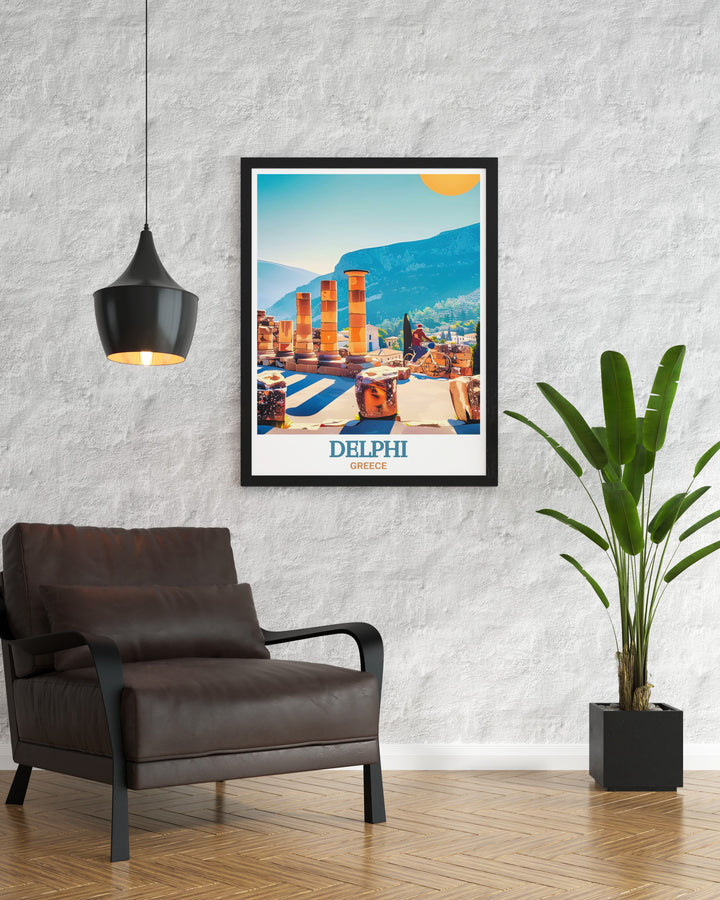 Temple of Apollo Greece art print depicting the historical significance and architectural beauty of this ancient Greek temple. This Delphi travel poster is ideal for anyone who wants to add a touch of classical elegance to their home decor.