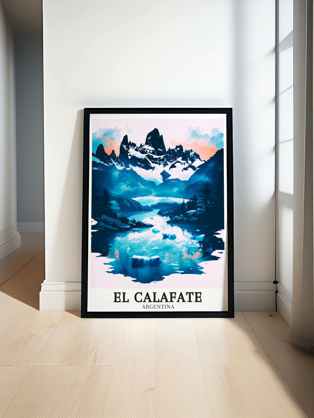 Featuring the scenic wonders of Patagonia, this El Calafate travel poster is an excellent gift for travelers and adventure lovers. The serene beauty of Laguna de los Tres and the rugged peaks of El Chaltén come to life in this artistic print, perfect for any wall.