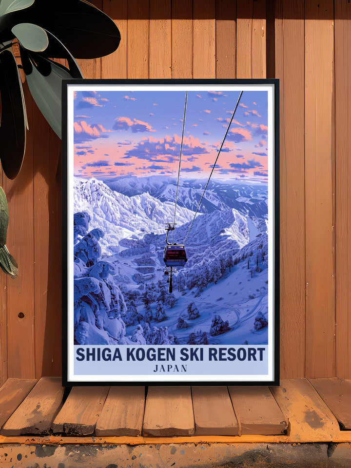 The Japanese Alps take center stage in this Shiga Kogen ski resort artwork, showcasing the resorts famous slopes and serene winter environment. This print is ideal for anyone who loves skiing or appreciates the stunning natural beauty of Japans mountainous regions.